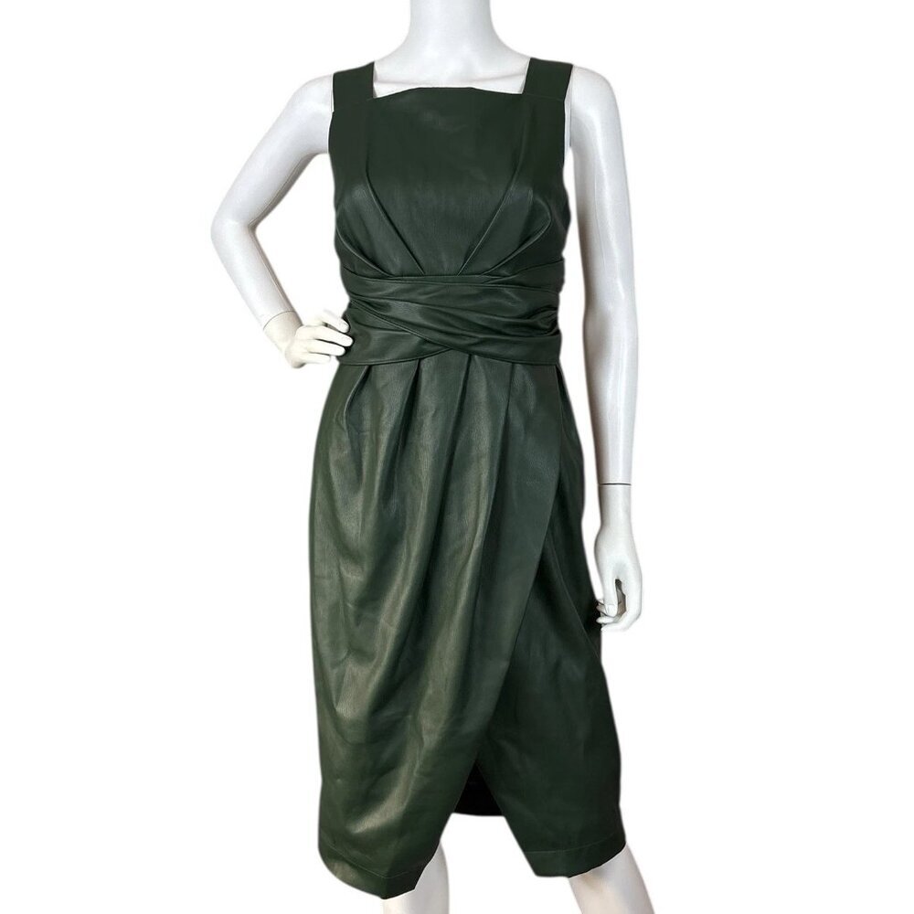 Anthropologie Faux Leather Pleated Faux Wrap Cocktail Dress Green Size Petite 6P